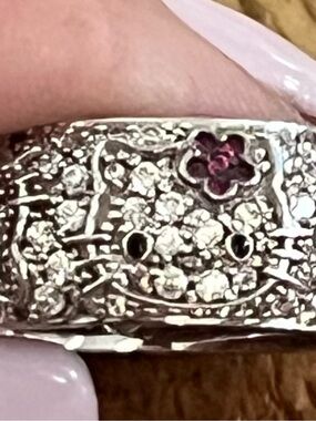 Hello Kitty 925 Sterling Silver CZ Ring with Pink Flower Accent
